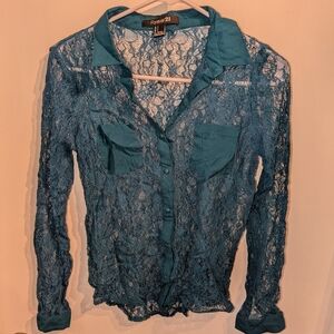 Forever 21 Teal Lace Button-Up Top